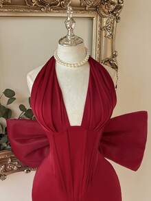 Lovelzi Red Satin Halter Neck Mini Dress Bodycon Backless Detachable Big Bow Ruched Cocktail Theme Party Prom Homecoming Women Formal Wedding Winter Celestial - Burgundy - View 7