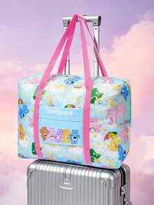 SHEIN X Care Bears 彩虹熊印花可折疊旅行托特包，大容量，行李套筒，輕便適用於旅行/學校，附前口袋 - 藍粉 - 查看 3