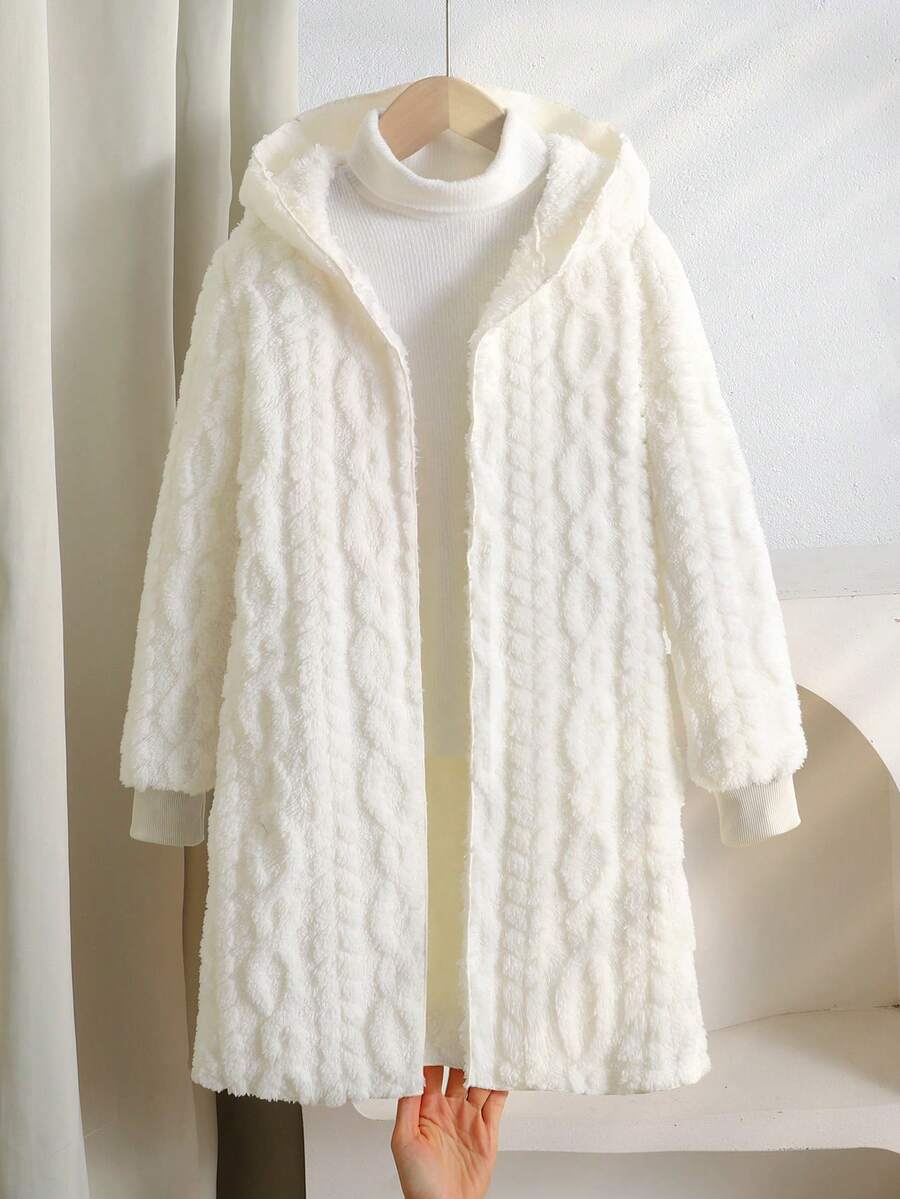 SHEIN 少女毛絨麥穗花紋簡約舒適百搭日常毛絨外套 秋冬款 - 白色 - 查看 1