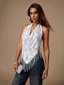 SHEIN Glamour 女款性感沙灘流蘇亮片露背掛脖上衣 - 白色 - 查看 8