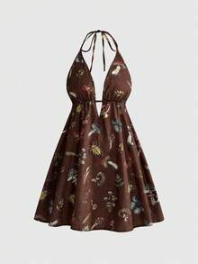 ROMWE Fairycore Summer Vacation Mushroom Moth Plant All-Over Print Halter Backless Mini Dress - Brown - View 1