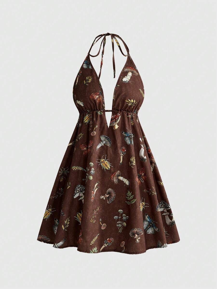 ROMWE Fairycore Summer Vacation Mushroom Moth Plant All-Over Print Halter Backless Mini Dress - Brown - View 1