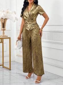 SHEIN Lady 女士纯色裹身短袖上衣和褶皱阔腿裤优雅两件套 - 金色 - 查看 4