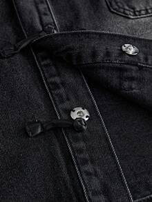 AXEPEAK Men's Washed Denim Jacket With Vintage Color-Block Design And Chinese Style Frog Buttons - Black - View 5