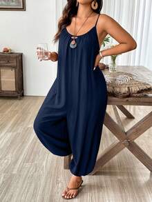 Weeklong Casual Textured Loose Gathered Jumpsuit - Navy Blue - View 1