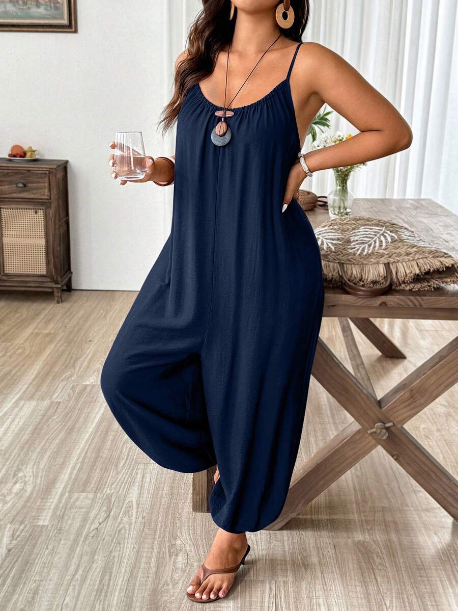 Weeklong Casual Textured Loose Gathered Jumpsuit - Navy Blue - View 1