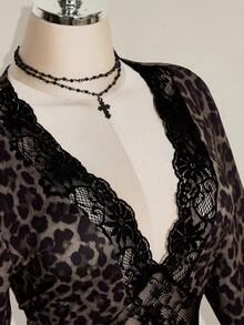 SHEIN ICON 女款大尺碼蕾絲拼接豹紋性感約會洋裝 - 棕色 - 查看 7
