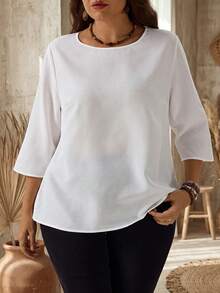 EMERY ROSE Women's Plus Size White Pullover Crew Neck Shirt Fall Fall Winter 2026 Fall Outfits Going Out Tops For Women Basic White Shirt - White - View 6