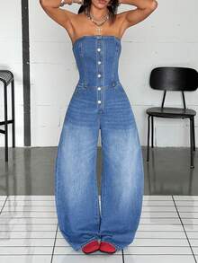 Jeanoix Women's Denim Bandeau Wide Leg/Curved Leg Jumpsuit - Blue - View 4