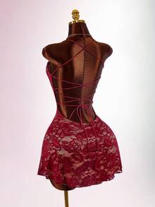 Amplova Ruched Lace Cup Backless Criss-Cross Tie Strap Dress - Burgundy - View 2