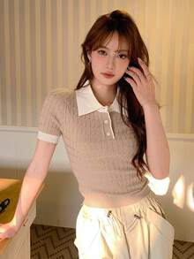 DAZY Women'S Contrast Color Polo Collar Knitted Top - Khaki - View 5