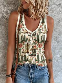 SHEIN LUNE Plus Size Summer Western 1960s 90s Cowboy Cactus Print Tank Top Mana Concert Vacation Beige - Multicolor - View 3