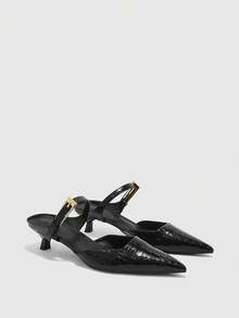 CUCCOO BIZCHIC Women's Pointed Toe Black Kitten Heel Pumps, Versatile Daily Work Commute High Heel Slip-On Shoes - Black stone pattern - View 2