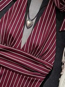 Attitoon Halter Deep V-Neck Cinched Waist A-Line Backless Old Money Style Tank Top - Burgundy - View 6
