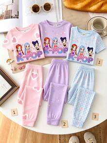Set Pakaian Tidur Rumah Kasual Sehari-hari untuk Remaja Perempuan: Atasan Lengan Pendek Kerah Bulat dengan Motif Kartun Huruf dan Celana Panjang - MultiWarna - View 2