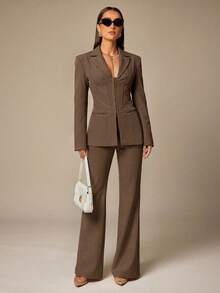 Silquee This Elegant, Slim-Fit Brown Long-Sleeve Blazer Features A Lapel Collar And A Bodice-Style Construction With Waist Seams, Making It Suitable For Both - Brown - View 5
