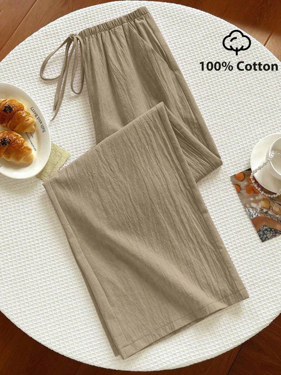 Elamini Pantalones largos casuales versátiles de unicolor con cintura de cordón para mujer, para uso diario y salidas - Caqui - Ver 1