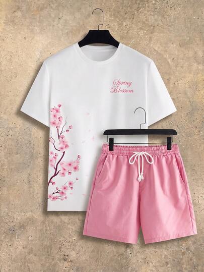 HIMLAND Herren Buchstaben-Muster Rundhals Kurzarm T-Shirt und Shorts Lässig Set