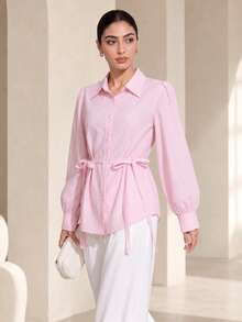 Graceveil Women's Pink Waist Tie Spring/Summer Fashion Versatile Commuter Style Blouse - Pink - View 8