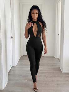 BamGleam Spring Summer Casual Halloween Daily Party Elegant Sexy Black Lace Splicing Cut-Out Women's Jumpsuit Romper Club Night Out - Black - View 7
