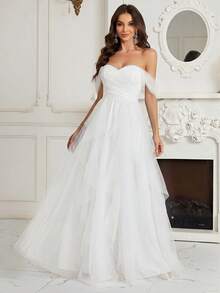 SHEIN Belle Off-Shoulder, geraffte Brust, mehrschichtiger asymmetrischer Rüschensaum Brautjungfernkleid (Erwachsene) - Weiss - Übersicht 4