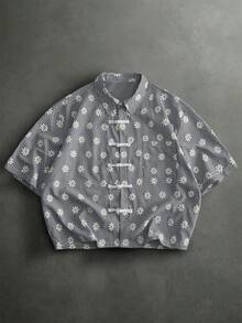 HIMLAND 男士雛菊圖案短袖鈕扣襯衫 - 藍色 - View 6