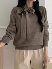 Dazy Tall Sweater Pullover Kasual Wanita dengan Pita dan Tali untuk Musim Gugur - Coklat - View 5