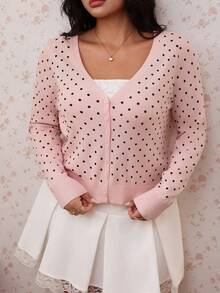 CovetEZ 女童新款粉色圓點V領長袖休閒大尺碼針織毛衣 - 粉色 - 查看 1