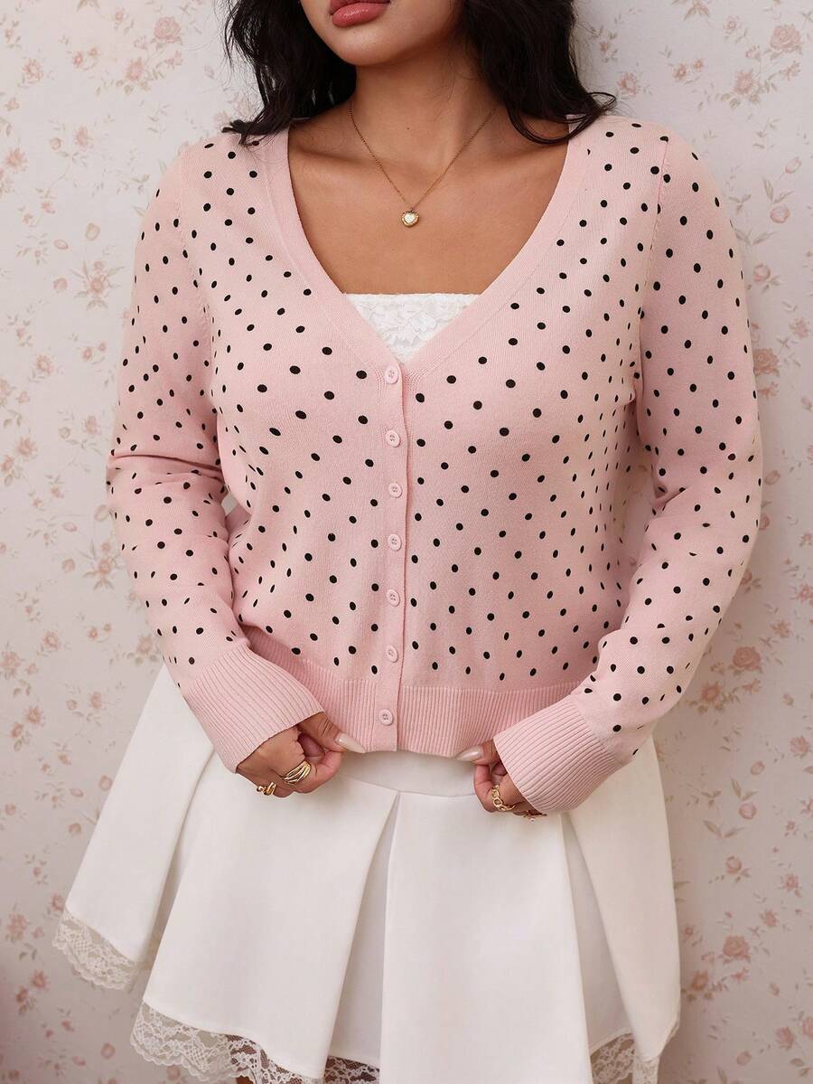 CovetEZ 女童新款粉色圓點V領長袖休閒大尺碼針織毛衣 - 粉色 - 查看 1