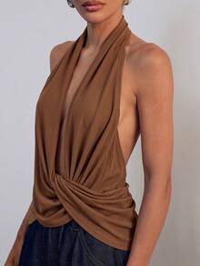 Hauture Asymmetrical Design Sleeveless Halter Neck Top - Brown - View 5