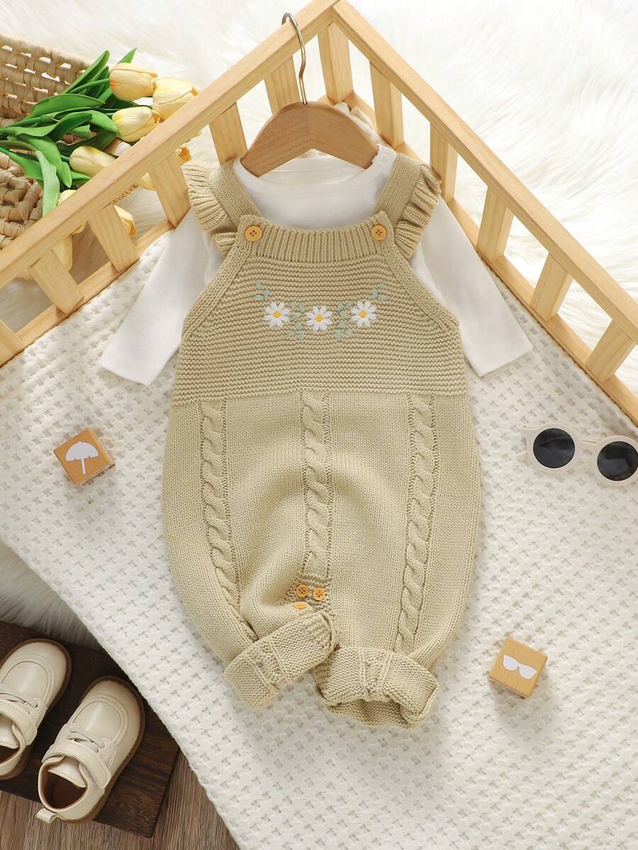 SHEIN قطعة واحدة رومبير وردي بحمالات مكشكشة، جمبسوت مطرز فاخر، جمبسوت كنزة للأطفال، ملابس أنيقة وحلوة - كاكي - مشاهدة 1