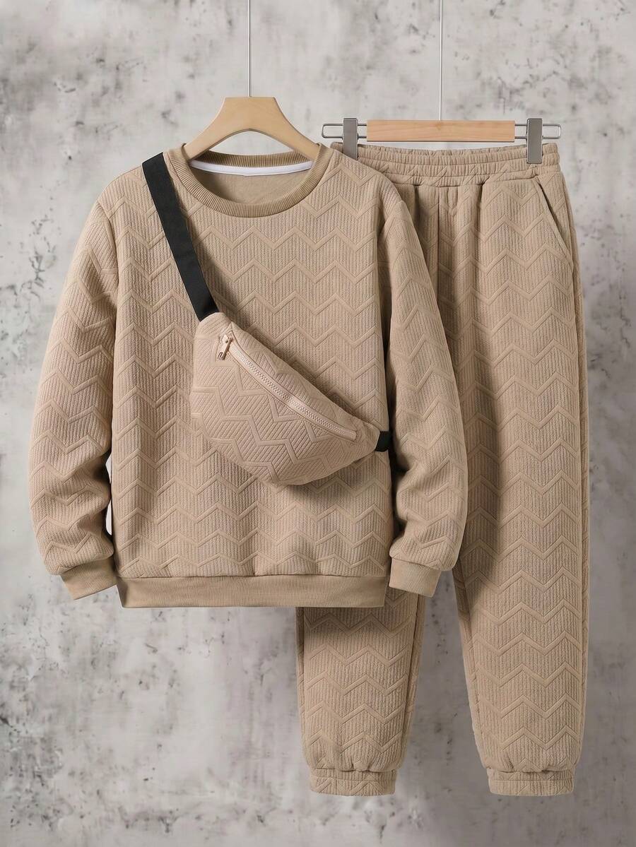 SHEIN 男童休閒圓領長袖舒適衛衣,附口袋裝飾,秋冬款 - 卡其色 - 查看 1