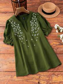 SHEIN LUNE CURVE 大尺碼女款刺繡春夏季浪漫時尚百搭休閒通勤襯衫 - 軍綠色 - 查看 3