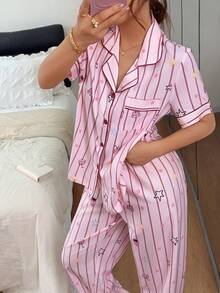 Napfluff Women's Standard Size Striped Star Cake Print Short Sleeve & Long Pants Pajama Set, Asian Cute Style, Suitable For Home And Outdoor Wear - Pink - View 1