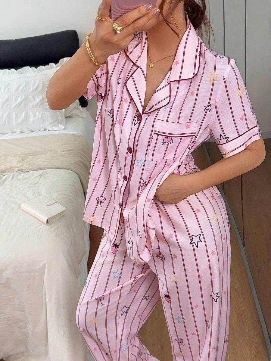 Napfluff Women's Standard Size Striped Star Cake Print Short Sleeve & Long Pants Pajama Set, Asian Cute Style, Suitable For Home And Outdoor Wear - Pink - View 1