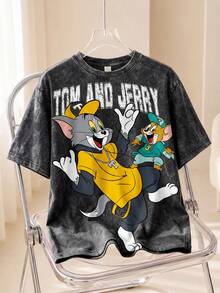 TOM & JERRY X SHEIN Men Plus Size Casual Fashionable Street Cartoon Letter Print Washed Short Sleeve T-Shirt, Summer - White - View 1
