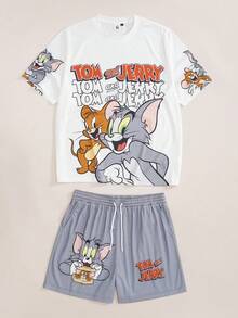 TOM & JERRY X SHEIN Men's Cartoon Print T-Shirt And Shorts Set - White - View 1