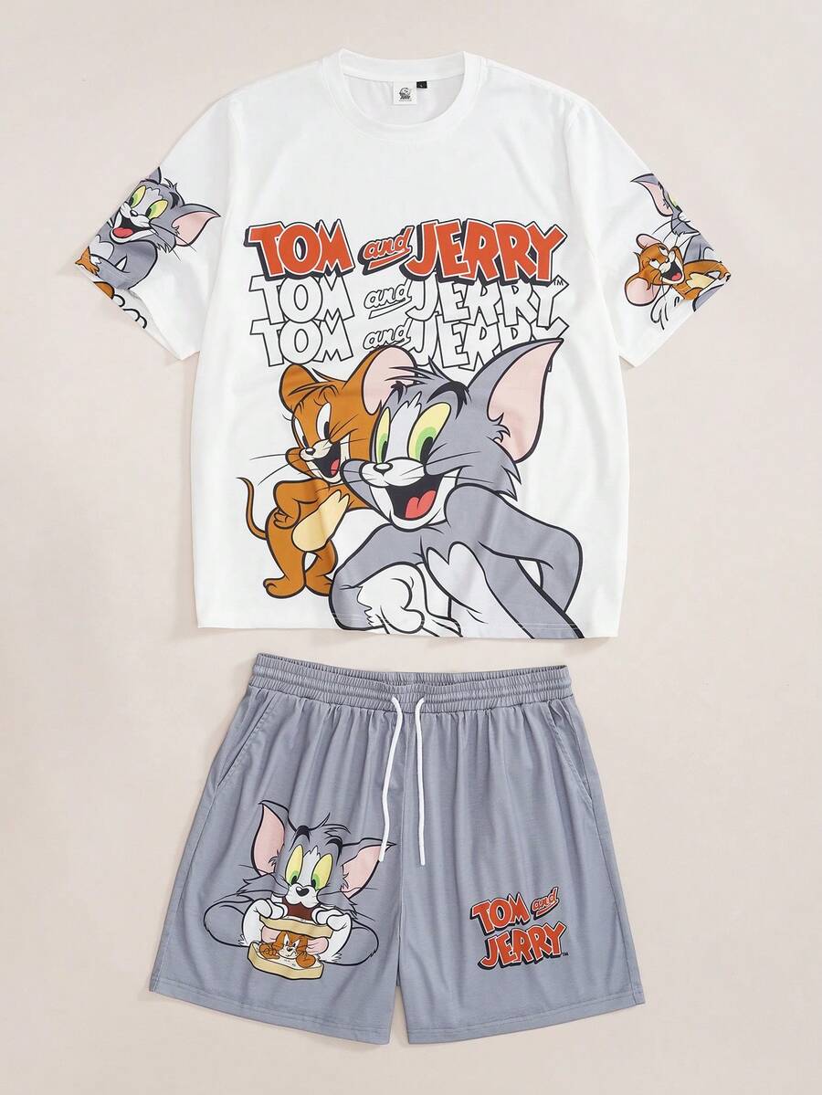 TOM & JERRY X SHEIN Men's Cartoon Print T-Shirt And Shorts Set - White - View 1