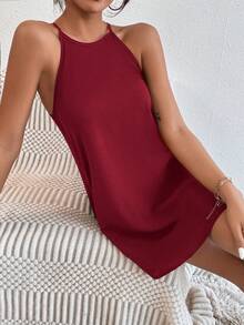 SHEIN PETITE 女款夏季短洋裝，鎖孔露背設計，適合小個子女性 - 酒紅色 - 查看 6