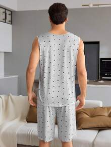 CoupledUp Heart Print Casual Back Print Couple Pajamas Plaid Bermuda Shorts Men's Sleepwear 2-Piece Set - Light Grey - View 3