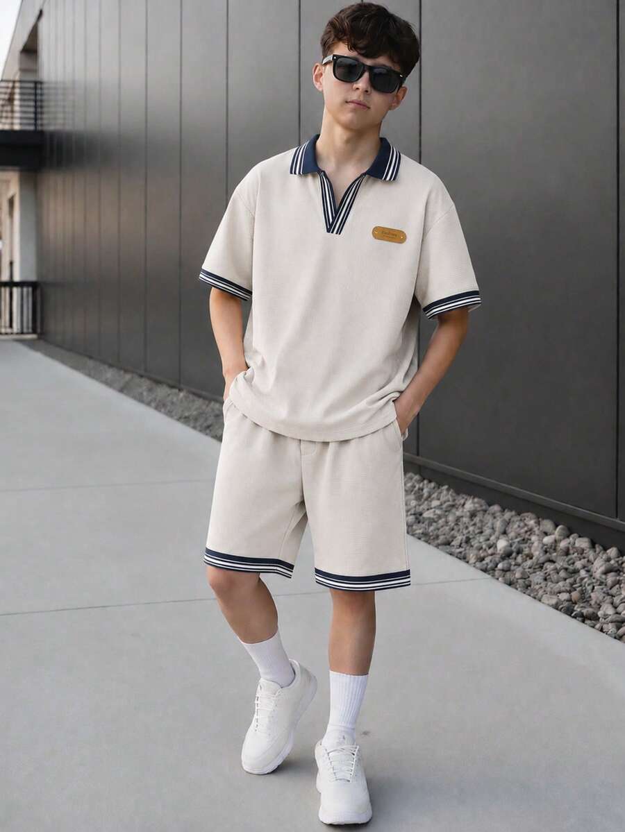 Vacaura 2件組青少年男孩休閒 Polo 衫與短褲套裝 - 卡其色 - 查看 1
