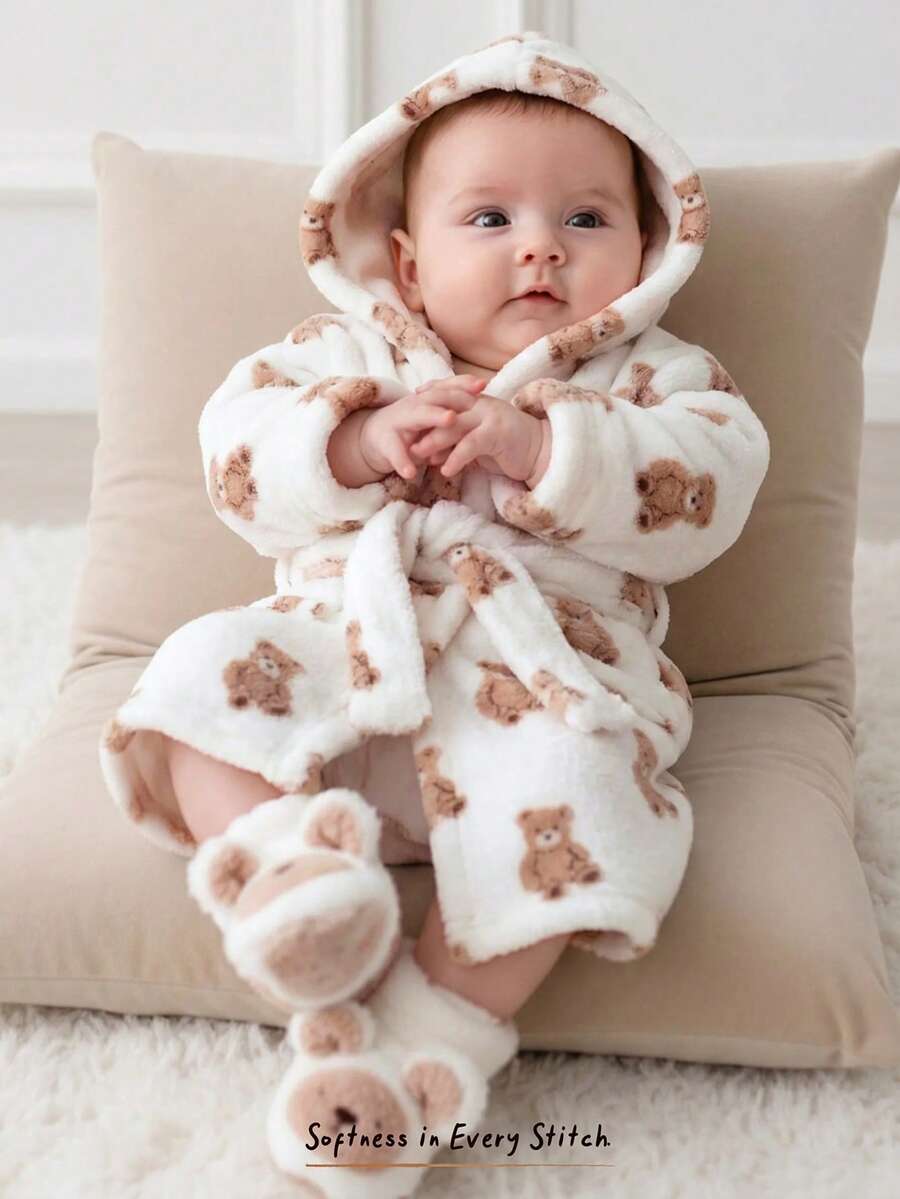 Cozy Pixies 新生兒男嬰女嬰卡通熊圖案保暖內裡加厚連帽長袖綁帶睡衣浴巾,保暖柔軟蓬鬆可愛,秋冬款 - 白色 - 查看 1