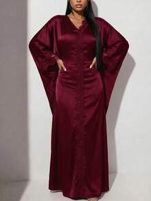 Veilorie 女款優雅純色蕾絲拼接蝙蝠袖洋裝 - 酒紅色 - 查看 8