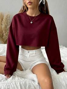 SHEIN EZwear 女款休閒百搭純色短版運動衫 - 酒紅色 - 查看 1
