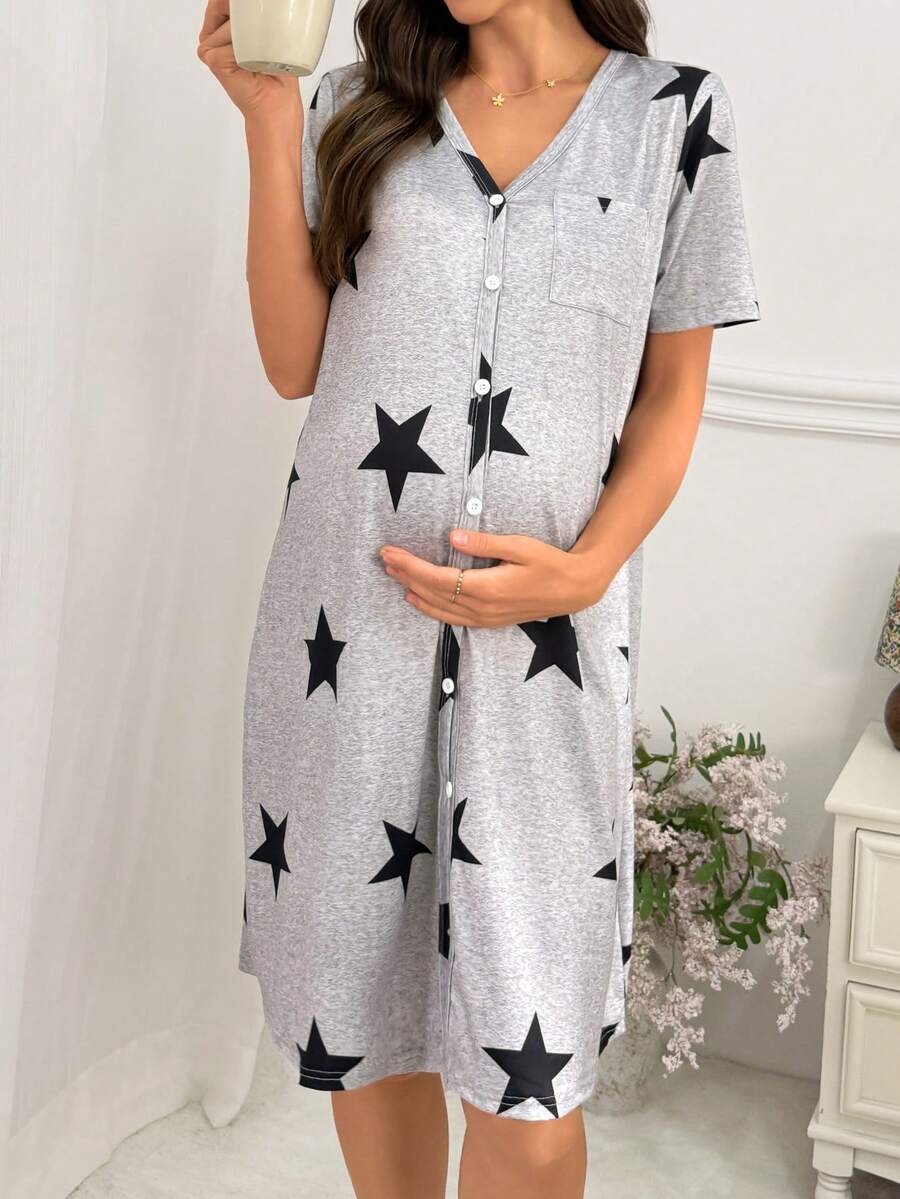 Moonlight&Mama Spring/Summer Fashion Light Gray & Black Contrast Star Print Short Sleeve Maternity Nightgown - Grey - View 1
