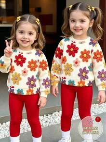 Autumn/Winter Infant & Toddler Girls Fresh Fashion Casual Daily Minimalist Colorful Embroidered Floral Pattern Basic Crew Neck Sweatshirt & Leggings Set - Multicolor - View 3