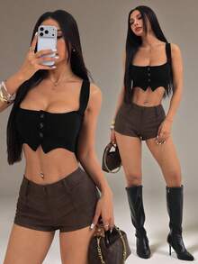 SHEIN PETITE 女款純色前拉鍊休閒短褲，超短褲，適合嬌小女性 - 咖啡棕 - 查看 1