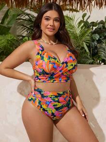 Swim Lushoire Floral Print Casual Vacation Women Plus Size Tankini Set - Red - View 8
