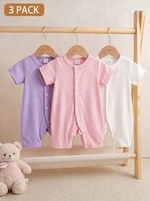 SHEIN Playful Pals 新生女嬰 3 件套夏季套裝，短袖條紋連身衣 - 彩色 - 查看 3