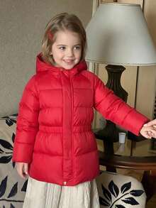 Hapijoa Young Girl Solid Color Raglan Long Sleeve Casual Hooded Winter Jacket - Red - View 4
